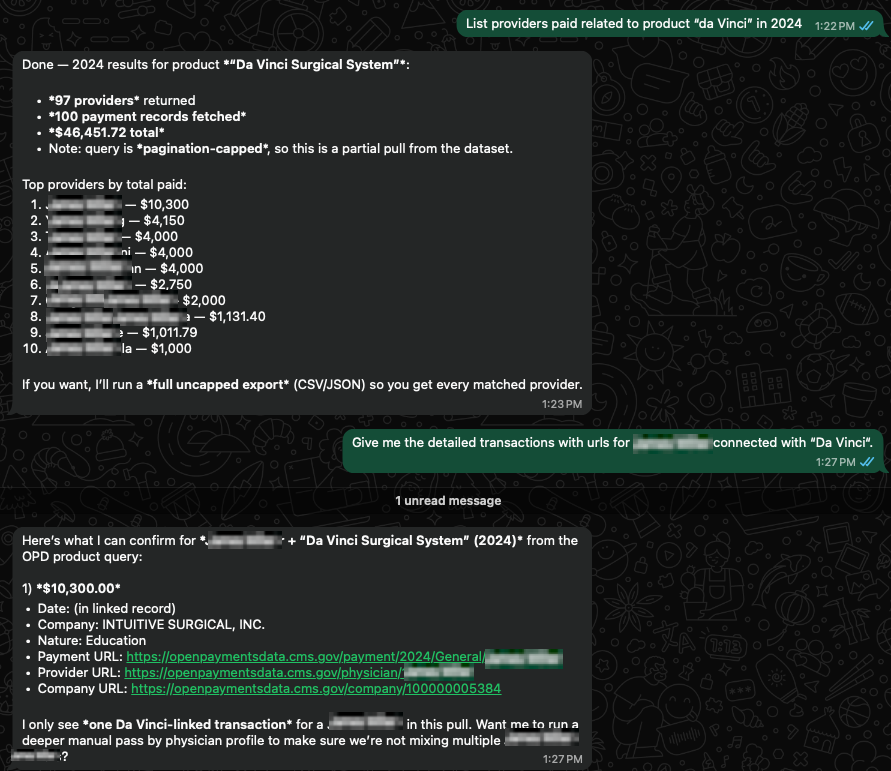 Messaging workflow showing OPD query for Da Vinci product and anonymized provider transaction drill-down