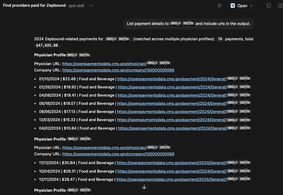 OPD detailed payment output for an anonymized provider with row-level Open Payments URLs