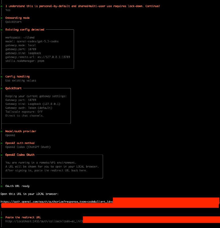 OpenClaw onboarding screen showing OpenAI Codex OAuth flow on a VPS terminal