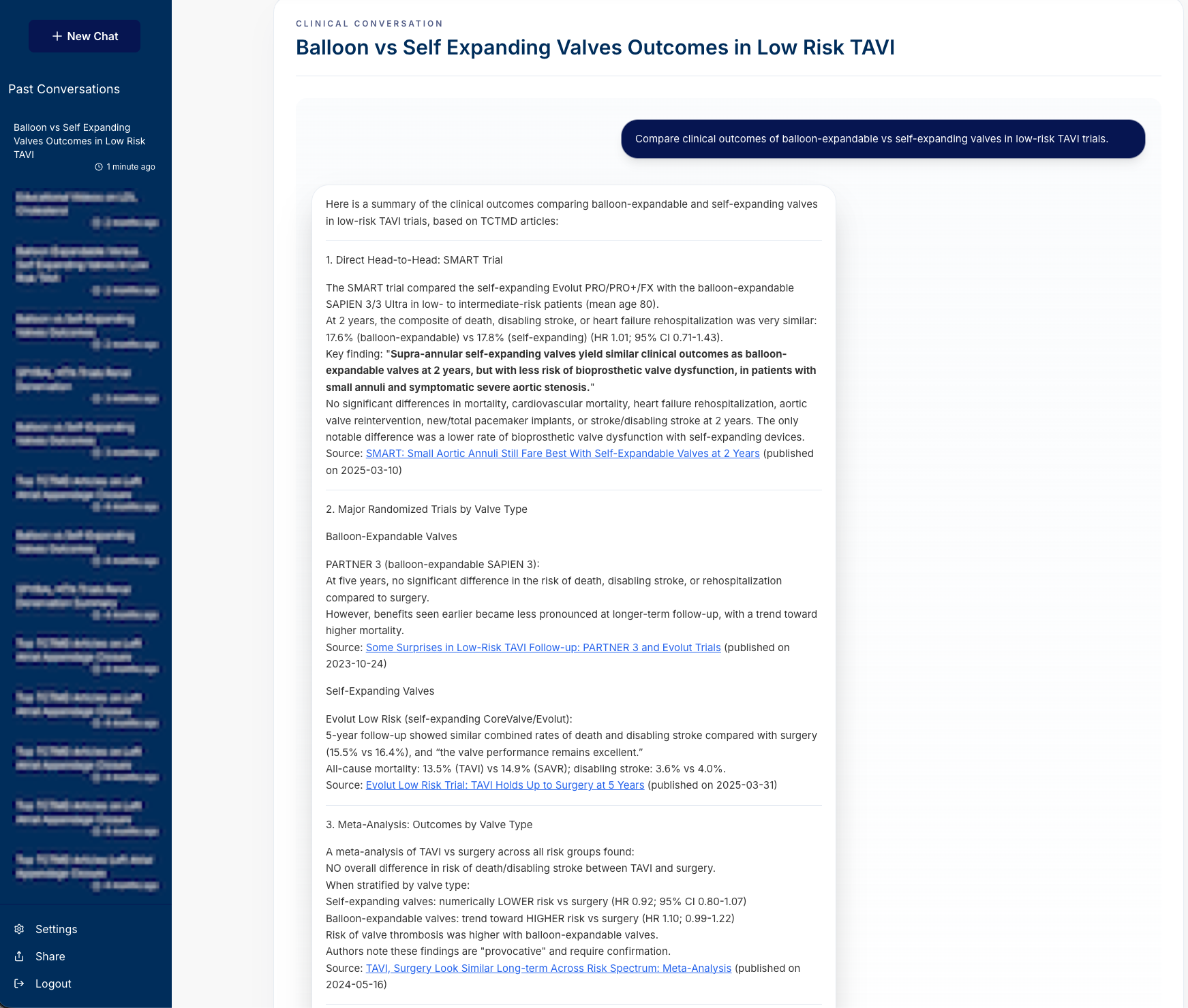 Clinical research chatbot summary view.